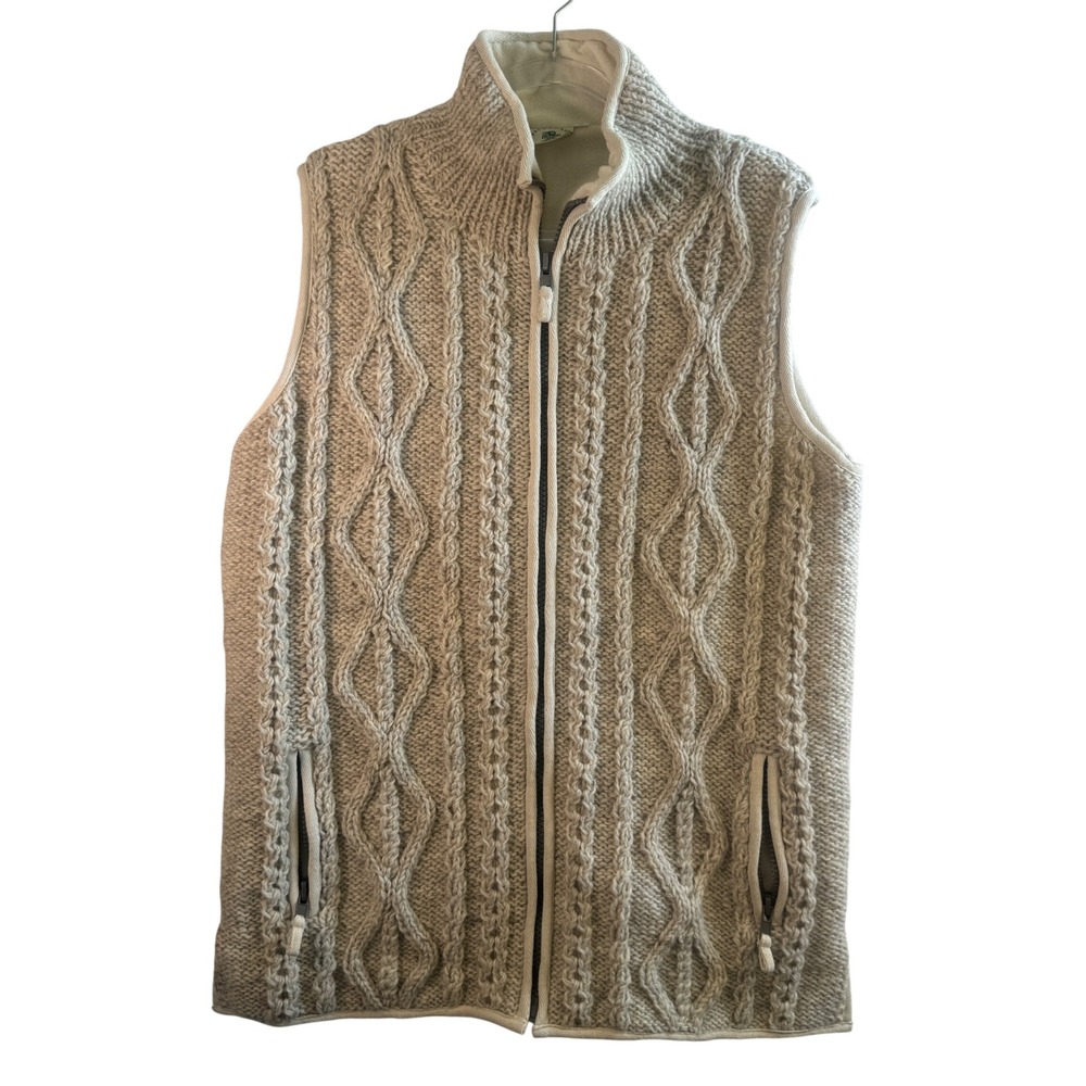 Pachamama Hand Made Wool Vest Cable Knit Fleece Lined Cream L Nordic Cottagecore